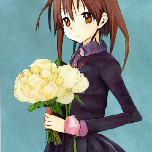 Image similar to anime girl holds a bouquet,