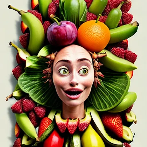 Image similar to fruit dryad by arcimboldo, fruit megan fox editorial by malczewski and arcimboldo, vegetables dryad sculpture by arcimboldo, stil frame from'cloudy with a chance of meatballs 2'( 2 0 1 3 ) of banana dryad, fruit hybrid megan fox editorial by alexander mcqueen and arcimboldo