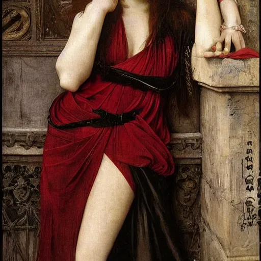 Image similar to emma roberts as a bandit queen, goddes of the vampires, red silk dress, bloodshot eyes by edgar maxence and caravaggio and michael whelan and delacroix