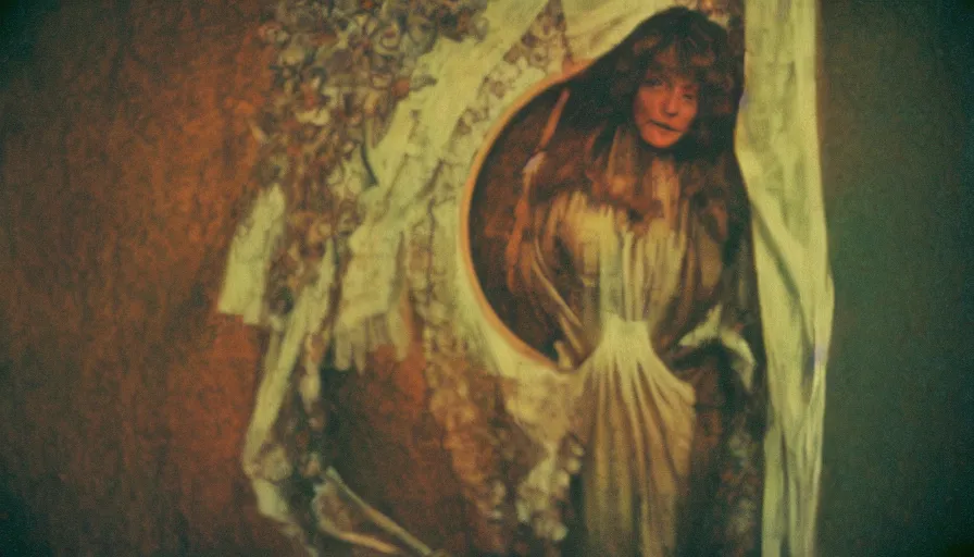 Image similar to 7 0 s film still from a horror movie about alphonse mucha, kodachrome, cinecolor, cinestill, film grain, film texture, retro, cinematic, high resolution, photorealism,