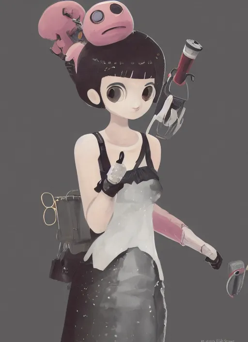 Image similar to a gouache painting in the style of nier automata, by hikari shimoda, ilya kuvshinov, yoshitaka amano, by shaun tan, by good smile company, a detailed 3 d render of audrey hepburn as an android, portrait, cgsociety, artstation, a modular costume and headpiece, action adventure scene