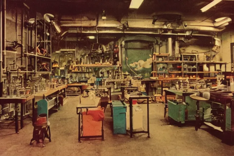 Image similar to vintage 3 5 mm color photo of the interior of an alchemist's lab