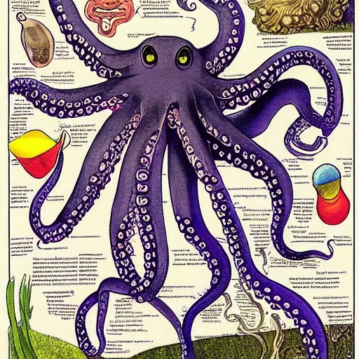 Image similar to screenshot of a page from a 1990s natural history book on octopus anatomy notes on illustrations by davinci,jamie hewlett,steven wiltshire,vivid bright colour pallette, high contrast, cycles render