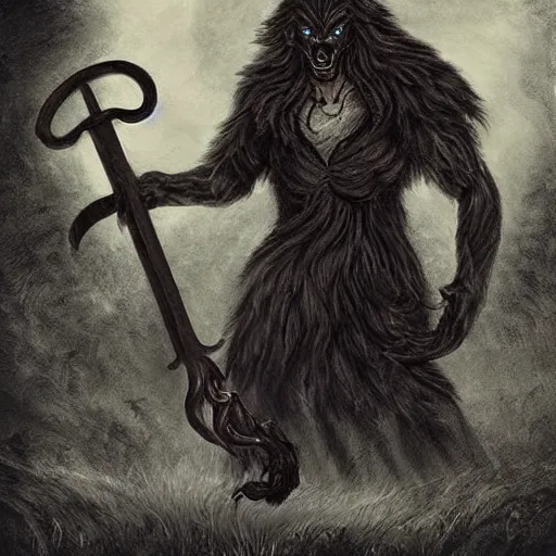 Prompt: fantasy art sillohuette character with scythe standing in for ground, menacing werewolf in background, intense, stunning, unsettling ( dark colors ) ( mist )