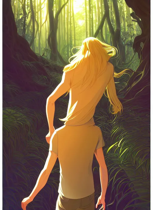 Prompt: book cover design, slender young man with long golden blond hair, shiny and sparkling, from behind, back shot, in a forest, natural lighting, path traced, highly detailed, high quality, cartoon, digital painting, by don bluth and ross tran and studio ghibli and alphonse mucha