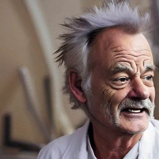 Image similar to !dream the roll of Rick Sanchez will be played by Bill Murray, spikey hair, white lab coat, photography