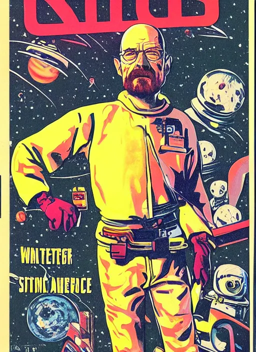 Image similar to Walter White as space wizard in retro science fiction cover by Stanisław Lem, vintage 1970 print