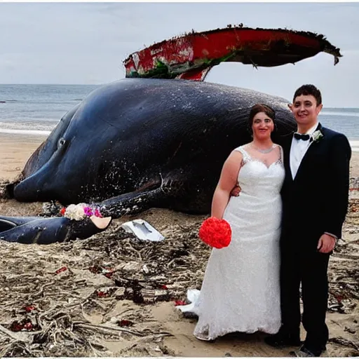 Prompt: a bride and groom pose together next to a rotting beached whale on a beach, wedding photo