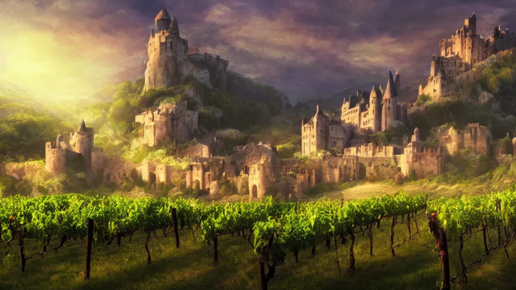 Prompt: winery with vineyard and castle by coast, reach, sunny, Game of Thrones, volumetric lighting, fantasy artwork, very beautiful scenery, very realistic painting effect, hd, hdr, cinematic 4k wallpaper, 8k, ultra detailed, high resolution, artstation