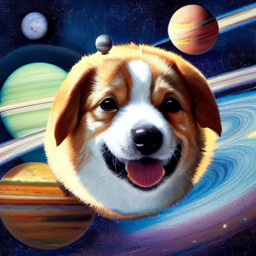 Image similar to all of the planets revolving around a giant Corgi, beautiful, oil on canvas, intricate, 8k highly professionally detailed, HDR, CGsociety