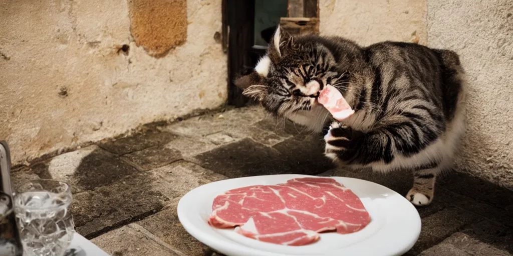 Image similar to photography of a cat eating mortadella at trullo house, photoreal, 3 5 mm, award winning photography