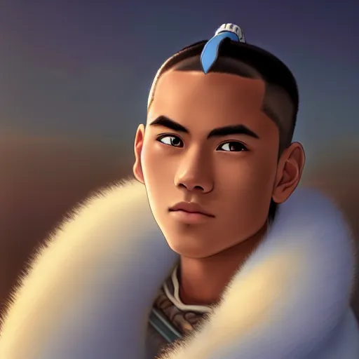 Image similar to beautiful serene intricate photograph of sokka from the water tribe as an inuit young man with light blue eyes, smiling softly, relaxing on the beach, golden hour, soft focus, 8 k, art by irakli nadar, hyperrealism, hyperdetailed, ultra realistic