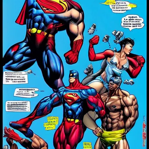 Image similar to superhero flying, muscles body, anatomically correct, abs, hyper realistic, style of jim lee