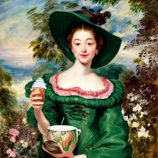 Image similar to heavenly summer sharp land sphere scallop well dressed lady holding a starbucks coffee cup, auslese, by peter paul rubens and eugene delacroix and karol bak, hyperrealism, digital illustration, fauvist, starbucks coffee cup green logo