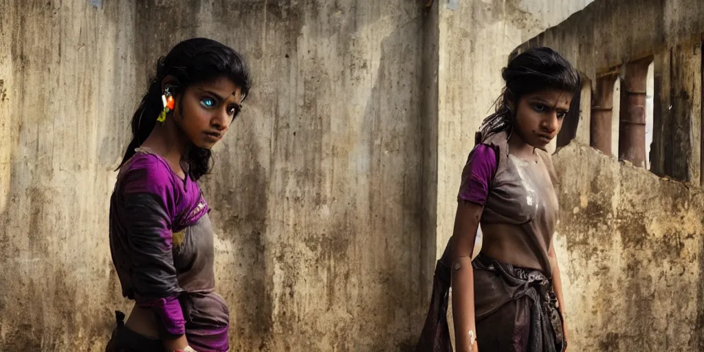 Image similar to sri lankan cyberpunk girl, film still, epic shot cinematography, rule of thirds, colorful, sci - fi tech style