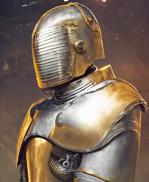 Prompt: a portrait of a cyberpunk armoured knight with golden armour and a futuristic facial mask by Moebius, 4k resolution, photorealistic