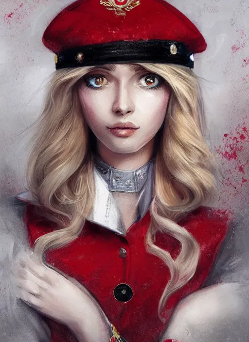 Image similar to a highly detailed illustration of beautiful long dirty blonde haired pale girl wearing red epaulette uniform, wearing beret, red eyes, dramatic seductive pose, intricate, elegant, highly detailed, centered, digital painting, artstation, concept art, smooth, sharp focus, league of legends concept art, WLOP