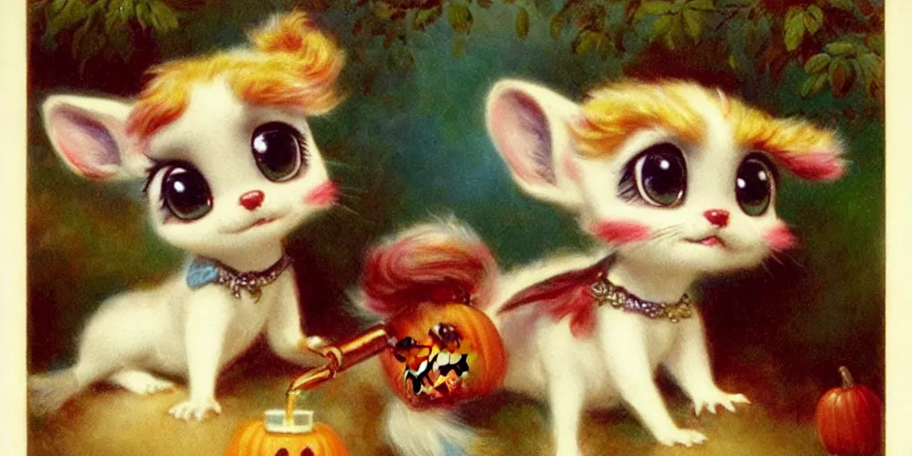 Image similar to 3 d littlest pet shop animal, vintage royalty, antique perfume, playful, halloween, night, master painter and art style of noel coypel, art of emile eisman - semenowsky, art of edouard bisson