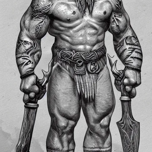 Prompt: frost giant, with a two handed axe, tribal tattoos, very muscular, large fists, fantasy, d & d, intricate, detailed, by greg ruthowski, trending on artstation, smooth, sharp focus