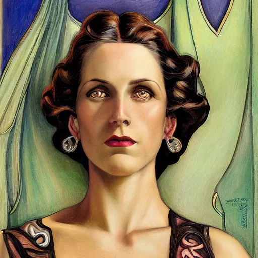 Image similar to an art nouveau, ( streamline moderne ), multi - ethnic and multi - racial portrait in the style of donato giancola and charles dulac and anna dittmann. very large, clear, expressive, and intelligent eyes. symmetrical, centered, ultrasharp focus, dramatic lighting, photorealistic digital matte painting, intricate ultra detailed background.