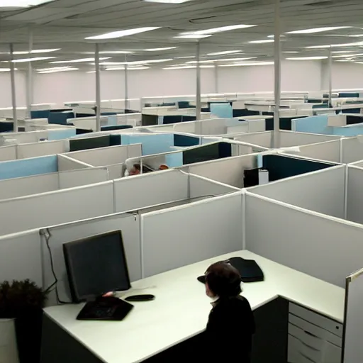 Image similar to infinite regression of office workers in a cubicle farm