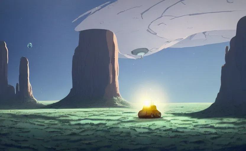 Image similar to a scary hyperrealist painting of a spaceship made of stone and a giant transparent bubble from howl's moving castle ( 2 0 0 4 ) in a flooded monument valley stonehenge jungle. depth perception, 4 k, artstation, in the style of studio ghibli