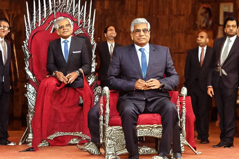 Prompt: Ranil Wickramasinghe sitting on the iron throne, closeup photograph, wearing a suit