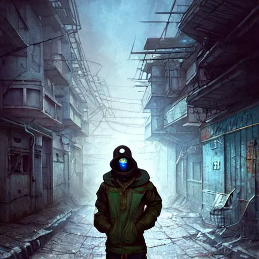 Image similar to A cyberpunk gopnik on the street of a Soviet slum on the moon, Norilsk, sci-fi, fantasy, intricate, very very beautiful, by Evgeny Zubvkov, elegant, highly detailed, digital painting, artstation, concept art, smooth, sharp focus, illustration, art by artgerm and greg rutkowski and alphonse mucha