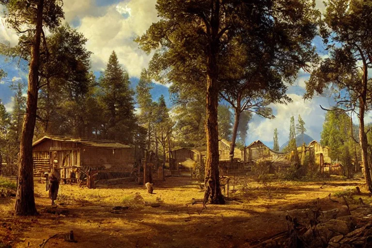 Prompt: A beautiful painting of a rural Westworld village by Ivan Shishkin, matte painting