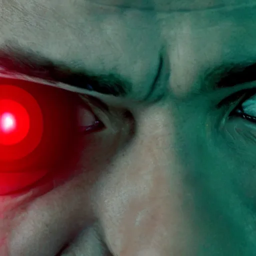 Prompt: still of leonardo dicaprio half cyborg, film grain, red glowing eyes, red lens flare