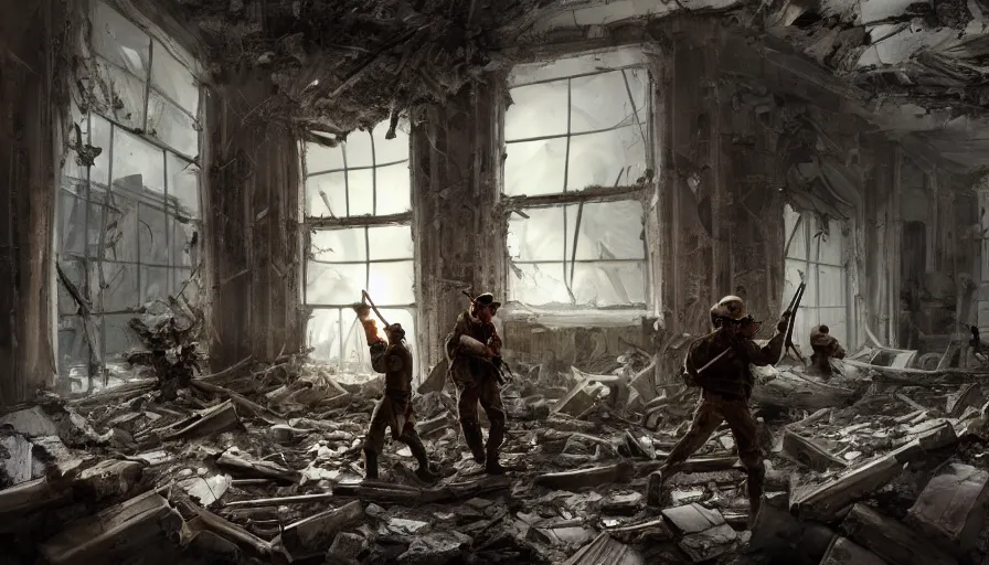 Image similar to lumberjack and soldiers with shotgun and rifles exploring destroyed white house, cloudy day, light through windows, hyperdetailed, artstation, cgsociety, 8 k