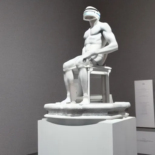 Image similar to a greek white marble statue wearing a vr headset displayed in a museum