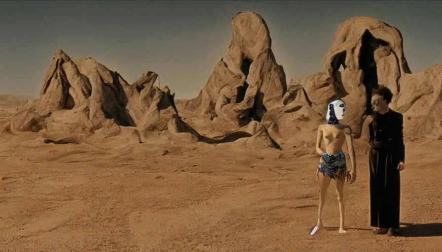 Image similar to salvador dali and bene gesserit in full - face golden glowing mask in a black rocky desert landscape with alien abandoned city beneath the sand and giant alien spaceship in the sky attacks the earth by christopher doyle and alejandro jodorowsky, anamorphic lens, kodakchrome, cinematic composition, very detailed photo, 8 k,