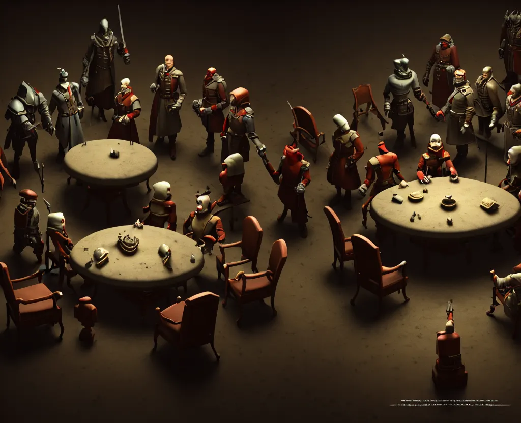 Image similar to the forbidden underground meetings of the traitors, a dimly lit stone room, some old chairs, all traitors are standing around a roundtable debating how to kill the king, cinematic landscape, betrayal in the air, octane render, artstation