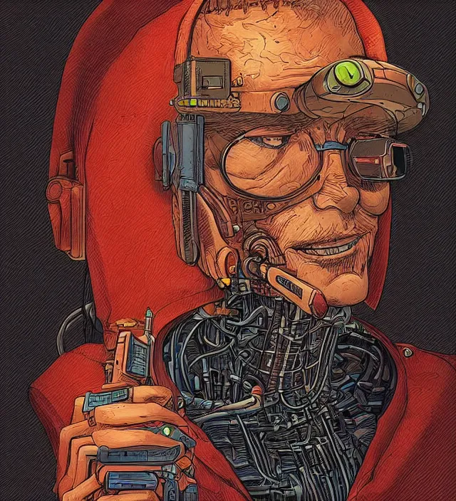 Image similar to a character portrait of a grimdark cybernetic hacker / wizard in the style of jean giraud in the style of moebius trending on artstation deviantart pinterest detailed realistic hd 8 k high resolution