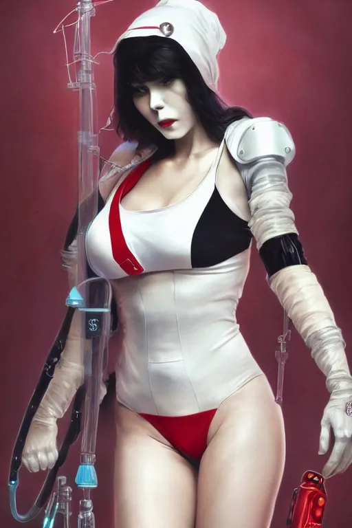 Prompt: covid - 1 9 nurse holding a syringe, wearing nurse bikini armor, black and white and red bodysuit, cyberpunk, neo - gothic, by tom bagshaw and alphonse mucha and atey ghailan and artgerm and and greg rutkowski and hajime soriyama, ultra detailed, hyper realistic, octane render, trending on artstation