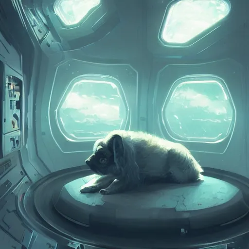 Prompt: little dog inside a hypersleep pod inside a cyberpunk spaceship, very realistic, greg rutkowski, caspar david friedrich, smooth, illustration, elegant, artstation, digital painting