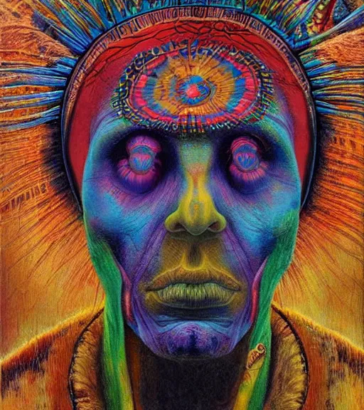 Image similar to Portrait painting in a style of Beksinski mixed with Alex Grey of an old shaman dressed in a colorful traditional clothes. Symmetry