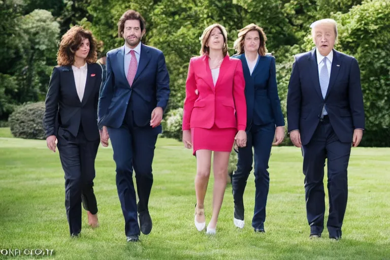 Image similar to press photo of a beautiful thirtysomething powerful female president in a suit, being held romantically by her two younger boyfriends in the white house rose garden, professional photo, press photo, glamorous, 8 k photorealistic, very detailed