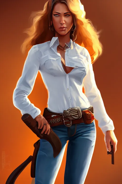 Image similar to full body, female cowgirl, perfect face, white blouse, empty gun holster, 8 k, magic the gathering, desert, d & d, artstation, high detail, smooth, muscular