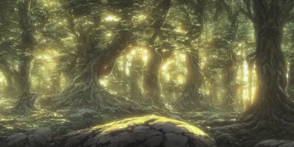 Prompt: ancient forest, art by makoto shinkai and alan bean, yukito kishiro