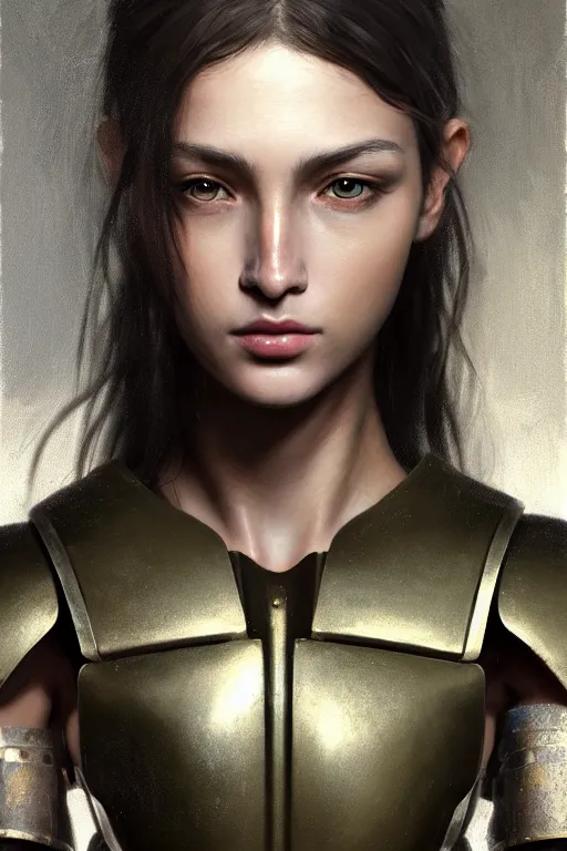 Image similar to a photorealistic painting of an attractive young girl, partially clothed in metal-plated battle armor, olive skin, long dark hair, beautiful bone structure, symmetrical face, perfect eyes, intricate, elegant, digital painting, concept art, illustration, sharp focus, minimal artifacts, from Metal Gear, in the style of Ruan Jia and Mandy Jurgens and Greg Rutkowski, trending on Artstation, award winning