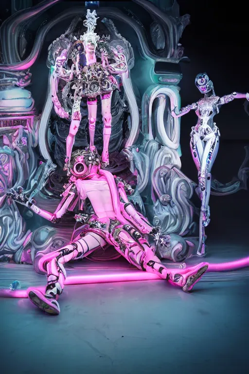 Image similar to full-body rococo and cyberpunk style neon statue of a young attractive portugues macho dotado e rico android sim roupa reclining con las piernas abertas e la piroca dura, glowing white laser eyes, prince crown of pink gears, diamonds, swirling silver-colored silk fabric. futuristic elements. full-length view. space robots. human skulls. intricate artwork by caravaggio. Trending on artstation, octane render, cinematic lighting from the right, hyper realism, octane render, 8k, depth of field, 3D