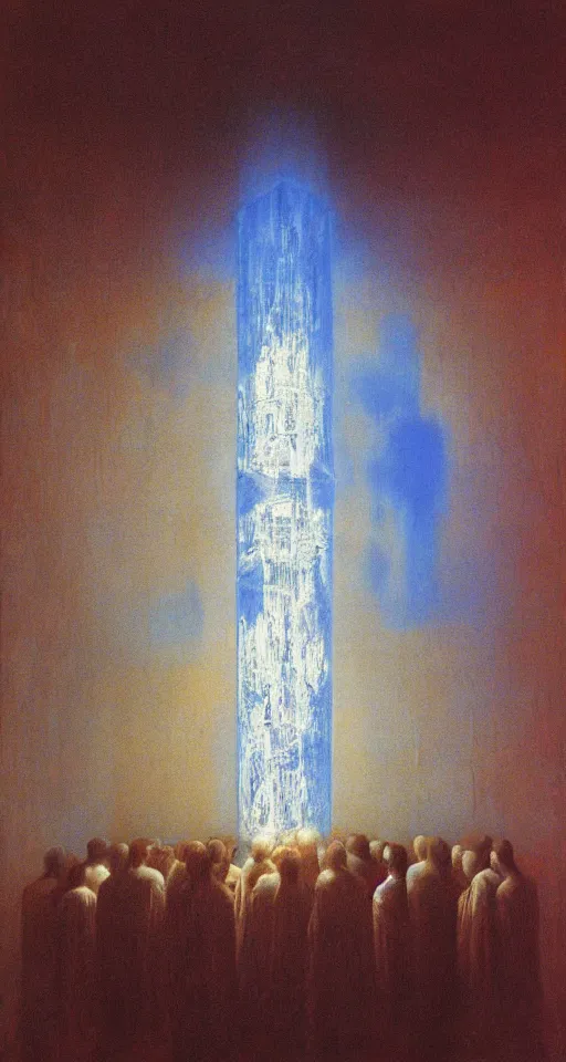 Prompt: worshippers in robes huddled around a very complex gigantic reflective glowing glass crystal tesseract orb illuminating a small room, very bright white light, high detailed beksinski painting, part by adrian ghenie and gerhard richter. masterpiece, deep colours, blue