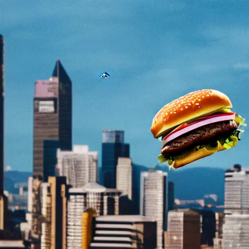 Prompt: a burger flying over a city