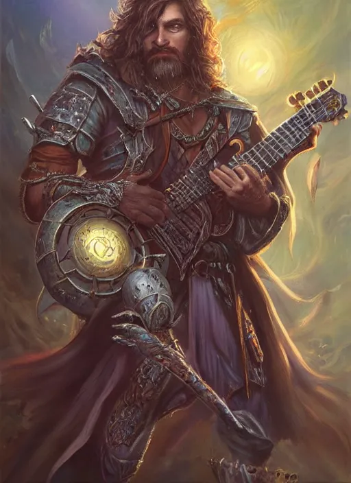 Image similar to bard holding a guitar, ultra detailed fantasy, dndbeyond, bright, colourful, realistic, dnd character portrait, full body, pathfinder, pinterest, art by ralph horsley, dnd, rpg, lotr game design fanart by concept art, behance hd, artstation, deviantart, hdr render in unreal engine 5