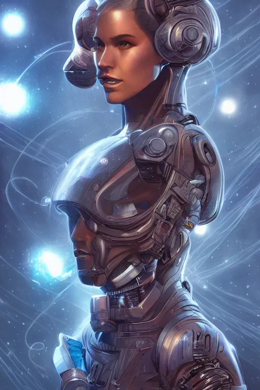 Image similar to portrait of a space cyborg, 3d, third person, lasers, cosmic background, fantasy, intricate, elegant, highly detailed, lifelike, photorealistic, digital painting, artstation, illustration, concept art, sharp focus, art by adam hughes