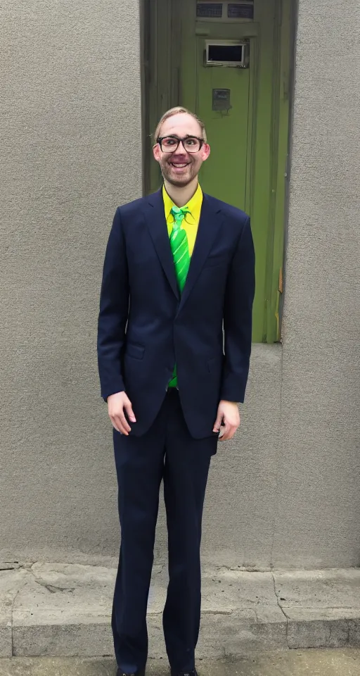 Image similar to Matthew Hoffman in a suit is smiling at the camera, yellow and green light