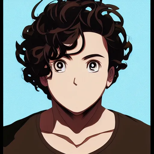 Prompt: An anime portrait of a mid-sized anime man with extremely short curly brown hair, chubby face, with masculine lips 👄, a closed mouth, brown eyes, without glasses, wearing a t-shirt, his whole head fits in the frame, solid background, by Stanley Artgerm Lau, WLOP, Rossdraws, James Jean, Andrei Riabovitchev, Marc Simonetti, and Sakimi chan, trending on artstation