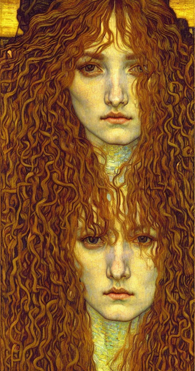 Image similar to detailed realistic beautiful young medieval queen face portrait by jean delville, gustav klimt and vincent van gogh, art nouveau, symbolist, visionary, gothic, pre - raphaelite, muted earthy colors, desaturated